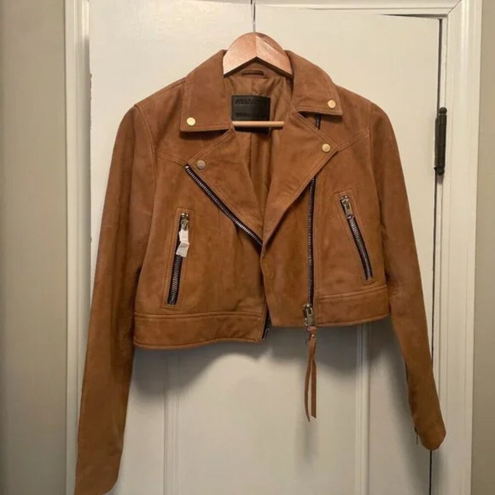 NWT AllSaints Dalby Cropped Suede Biker Jacket (SUGAR BROWN) US 10